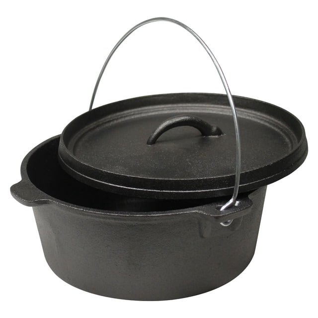 World Famous 4 Quart Dutch Oven cast iron cookware with a matte black finish, featuring a round pot with a reversible lid that doubles as a griddle, a curved handle on the lid, and a metal bail handle for carrying, designed for even heat retention and ideal for camping and outdoor use.