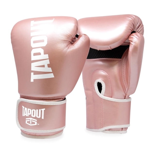 Tapout 10 oz Womens Boxing Gloves in metallic pink with adjustable hook and loop wrist closure, showing front and back views with white Tapout logo, designed for women's boxing and fitness training.