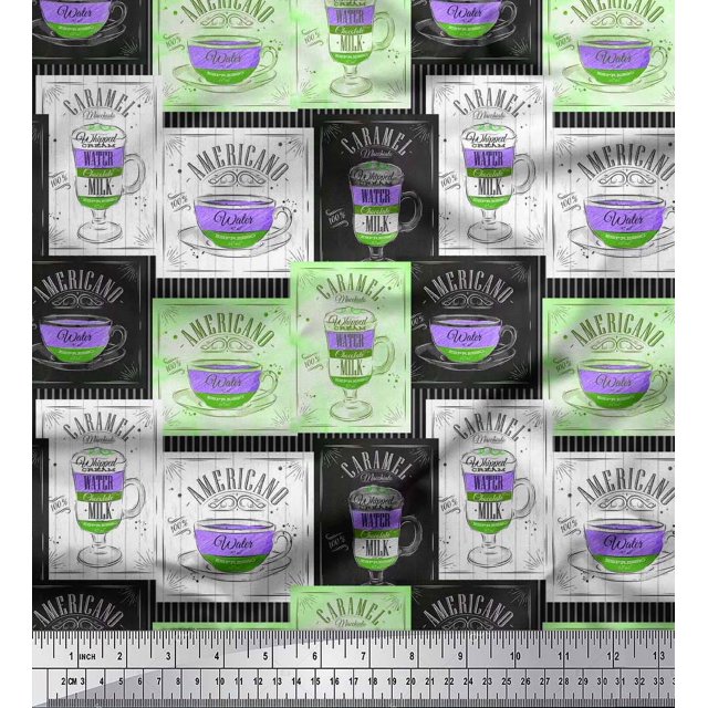 Soimoi Purple Poly Georgette Fabric Caramel & Americano Coffee Beverages Print Sewing Fabric Yard 52 Inch Wide