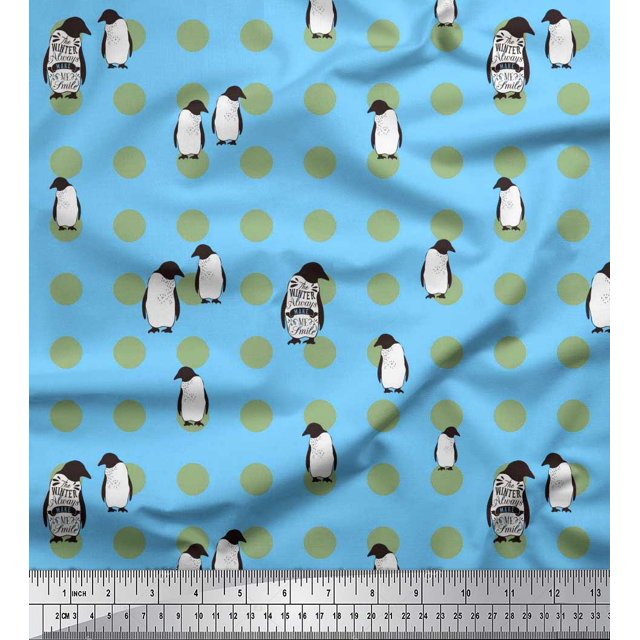 Soimoi polyester Crepe Fabric Dot & Penguin Ocean Print Sewing Fabric Yard 52 Inch Wide