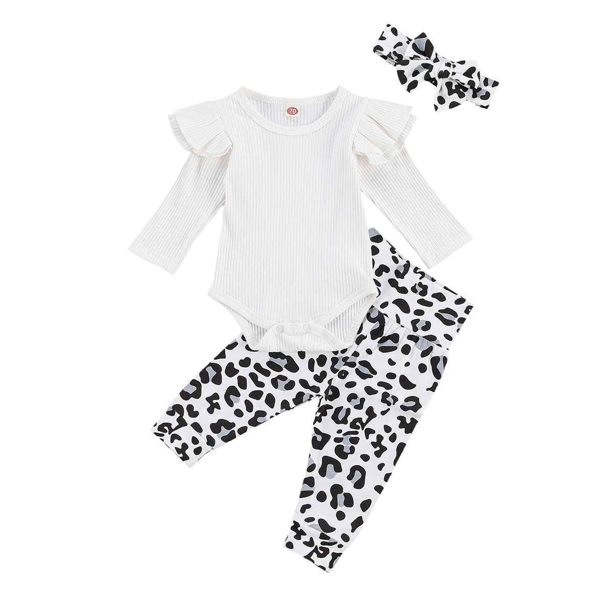 Baby Three Pieces Flying Sleeve Romper Long Trousers+Wave Point Headband