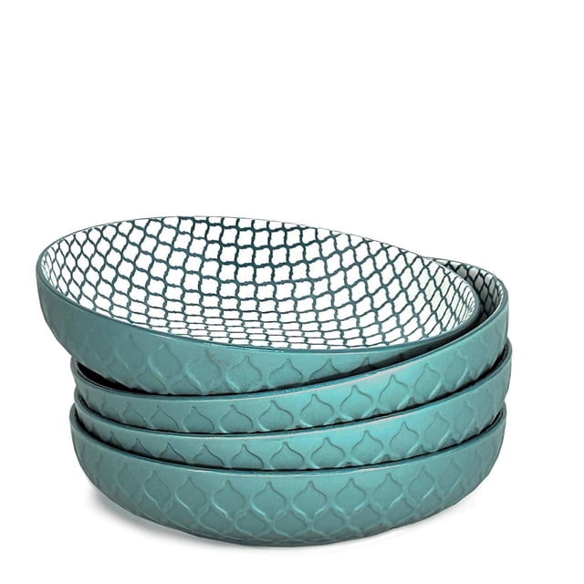 BIA S/4 Textured Shallow Bowls, Teal, set of four 21 x 5 cm stoneware bowls with a textured teal exterior and white interior featuring a teal geometric pattern, microwave and dishwasher safe, ideal for serving salads, pasta, poke bowls, or snacks.
