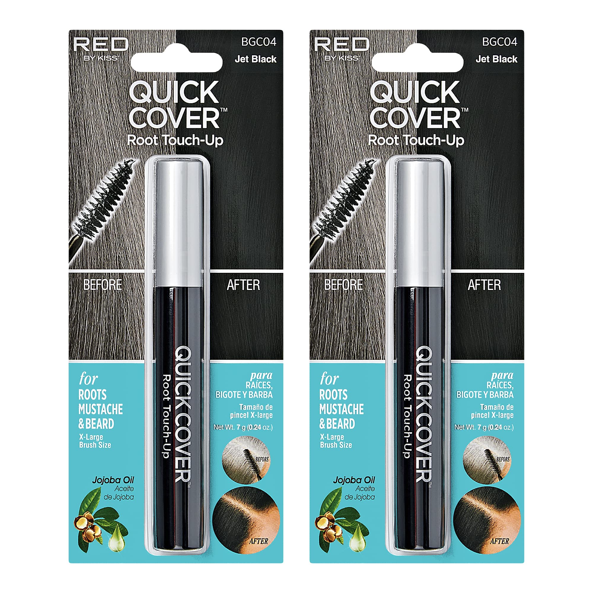 RED by Kiss Quick Cover Root Touch Up Rescue Mascara Natural Water-Resistant Temporary Gray Concealer Cover Up Brush for Hair Mustache & Beard (Jet Black) (2Pcs)