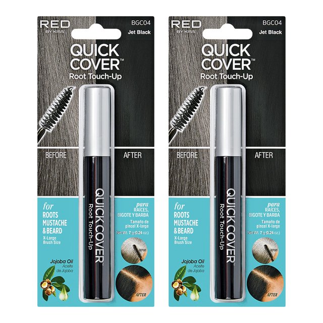 RED by Kiss Quick Cover Root Touch Up Rescue Mascara Natural Water-Resistant Temporary Gray Concealer Cover Up Brush for Hair Mustache & Beard (Jet Black) (2Pcs)