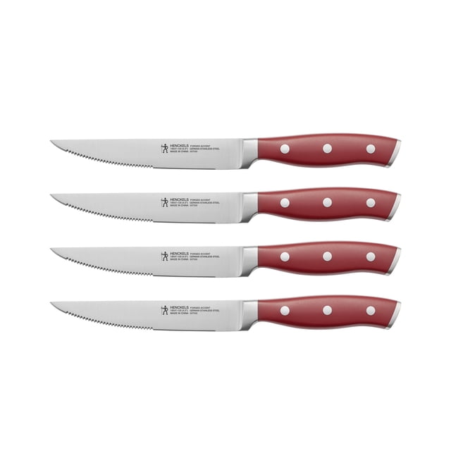 HENCKELS Forged Accent 4 Piece Steak Set with four 4.5-inch semi-serrated knives designed for precision cutting. Features red ergonomic triple-riveted handles with stainless steel endcaps and forged bolster construction for durability and balance. Made from high-quality German stainless steel, ideal for steak and poultry. Suitable for cutlery collections. Displayed on a white background.
