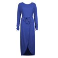 thumbnail image 3 of cfhntfmh Robes de Cocktail pour Femmes Automne Confortables Col Rond Manches Longues Longue Robe Maxi Douce Aguichant Ceinturée Fente Latérale Robe de Soirée, 3 of 3