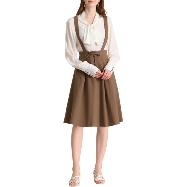 Unique Bargains Jupe Midi Plissée à Bretelles Rétro à Taille Élastique pour Femme Brun Foncé TG