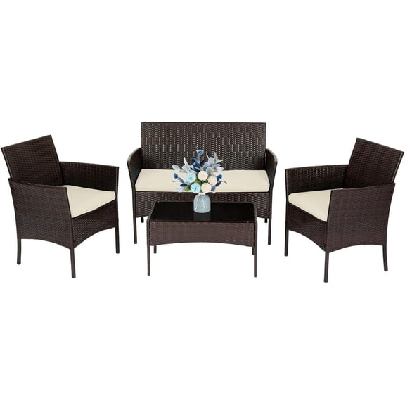 FDW Set 4 Furniture 4 Piece Wicker Outdoor Bistro Sets Sofa Chair, Brown