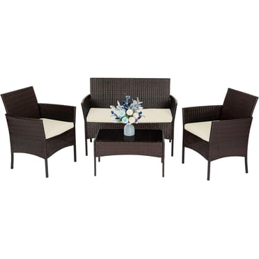 FDW Set 4 Furniture 4 Piece Wicker Outdoor Bistro Sets Sofa Chair, Brown