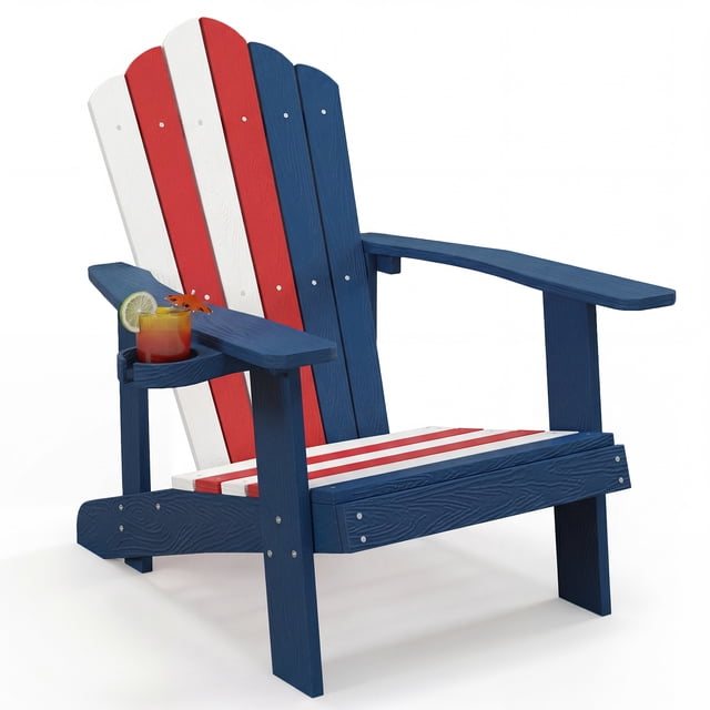 Costway Chaise Adirondack Surdimensionnée, Chaise Adirondack de Salon de Patio avec Porte-Gobelet Réglable Rouge+blanc+bleu