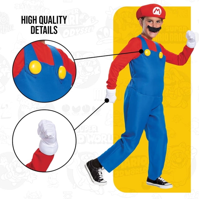 Le Costume de Luxe Mario des Frères Super Mario pour Garçons Comprenant une Combinaison Rouge et Bleue avec un Ventre Rembourré, des accents de Boutons Jaunes et une Fermeture à Crochets et Boucles au Dos. Comprend un Chapeau Rouge avec un Dos Élastique, des Gants Blancs et Est sous Licence Officielle par Nintendo. Fait de 100 % polyester, Ce Costume Est Idéal pour l'Halloween Ou les Événements à Thème.