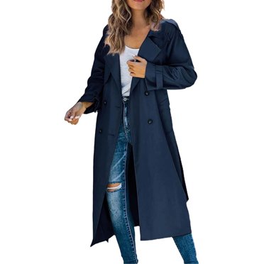 Baberdicy Lady Trench Coat Women's Trench Coat Long Double Breasted Fall Fashion 2023 Classic Lapel Slim Overcoat Outerwear with Belt Trenchcoat Women's Navy