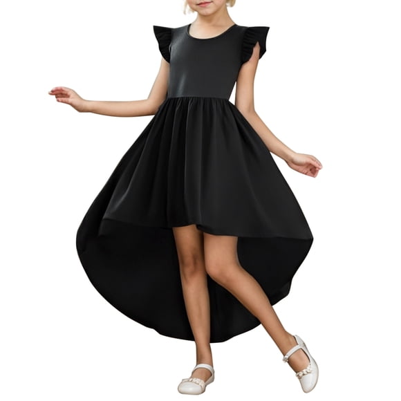 Baby Girl Dresses Kids Child Girls Summer Flapper Sleeve High and Low Formal Dress Fly Skirt Solid Color Swing Dress Newborn Dress Black 10 Years-12 Years