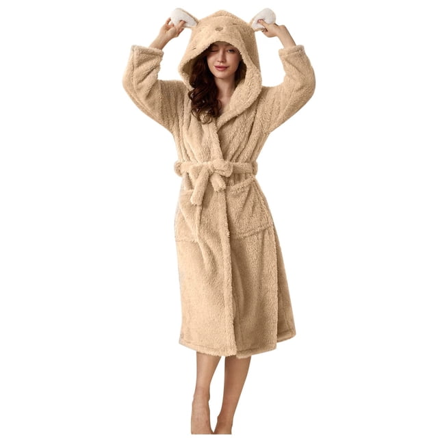 AherBiu Womens Robes Lightweight Fuzzy Fleece Warm Midi Bathrobe Soft Plush Belted Robe with Hood