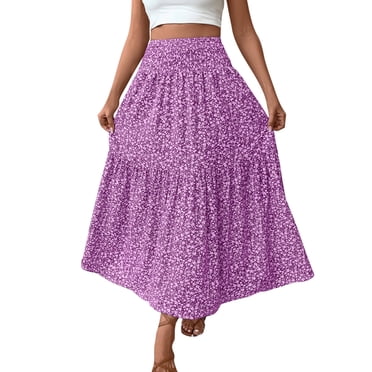 fheaev Flowy Boho Maxi Skirt for Women Trendy High Waist Elastic A Line Pleated Ruffle Tiered Summer Casual Beach Long Skirts