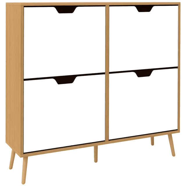 HOMCOM Shoe Cabinet with 4 Flip Drawers and Adjustable Shelves, Natural. A rectangular shoe storage unit made of particleboard and pine, featuring a natural wood finish and four white flip drawers. Holds 8-16 pairs of shoes with adjustable shelves for customized storage. Ideal for entryway furniture, it includes anti-tipping straps for safety and stands on angled wooden legs. Often used for storing small accessories like keys or letters.