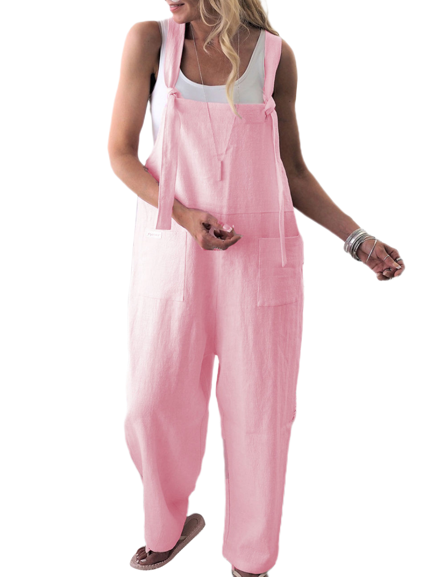LUXUR Ladies Jumpsuits Solid Color Romper Sleeveless Overalls Classic Trousers With Pockets One Piece Pants Pink XL