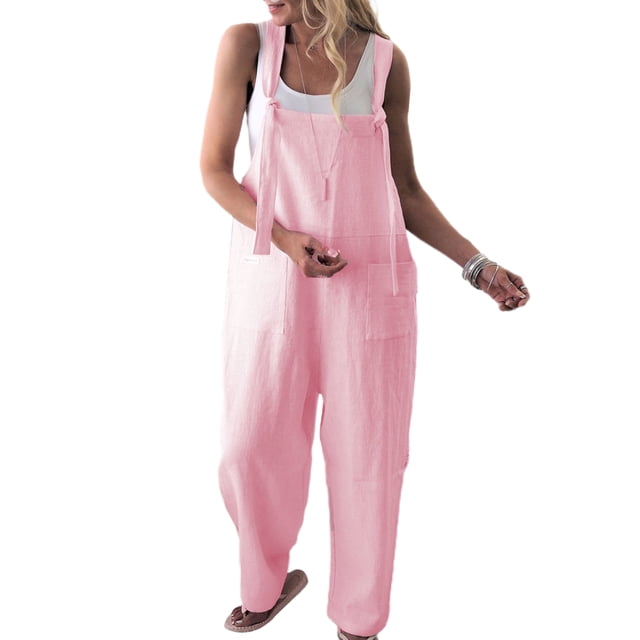LUXUR Ladies Jumpsuits Solid Color Romper Sleeveless Overalls Classic Trousers With Pockets One Piece Pants Pink XL