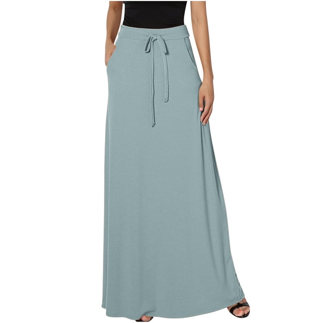 FAIWAD Women's Elastic High Waisted Maxi Skirt Drawstring Loose Casual Basic A-Line Skirts with Pockets