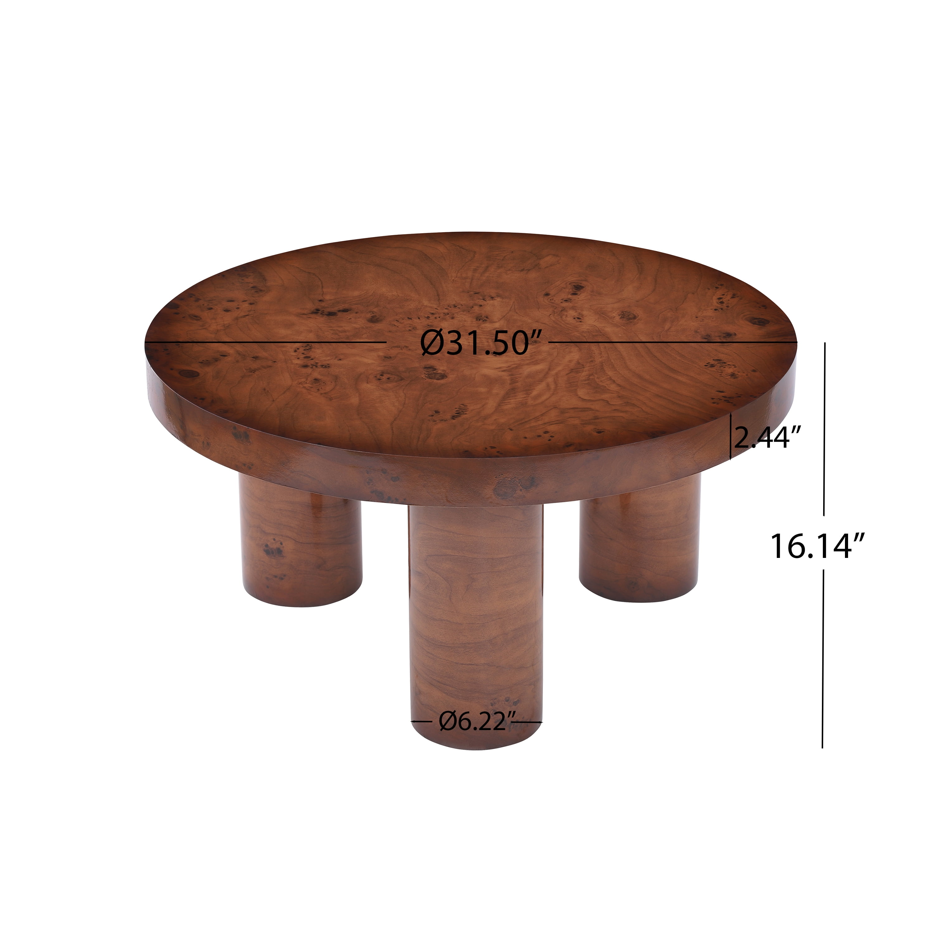 Table basse ronde moderne Noble House 80 cm, fini placage loupe, noyer