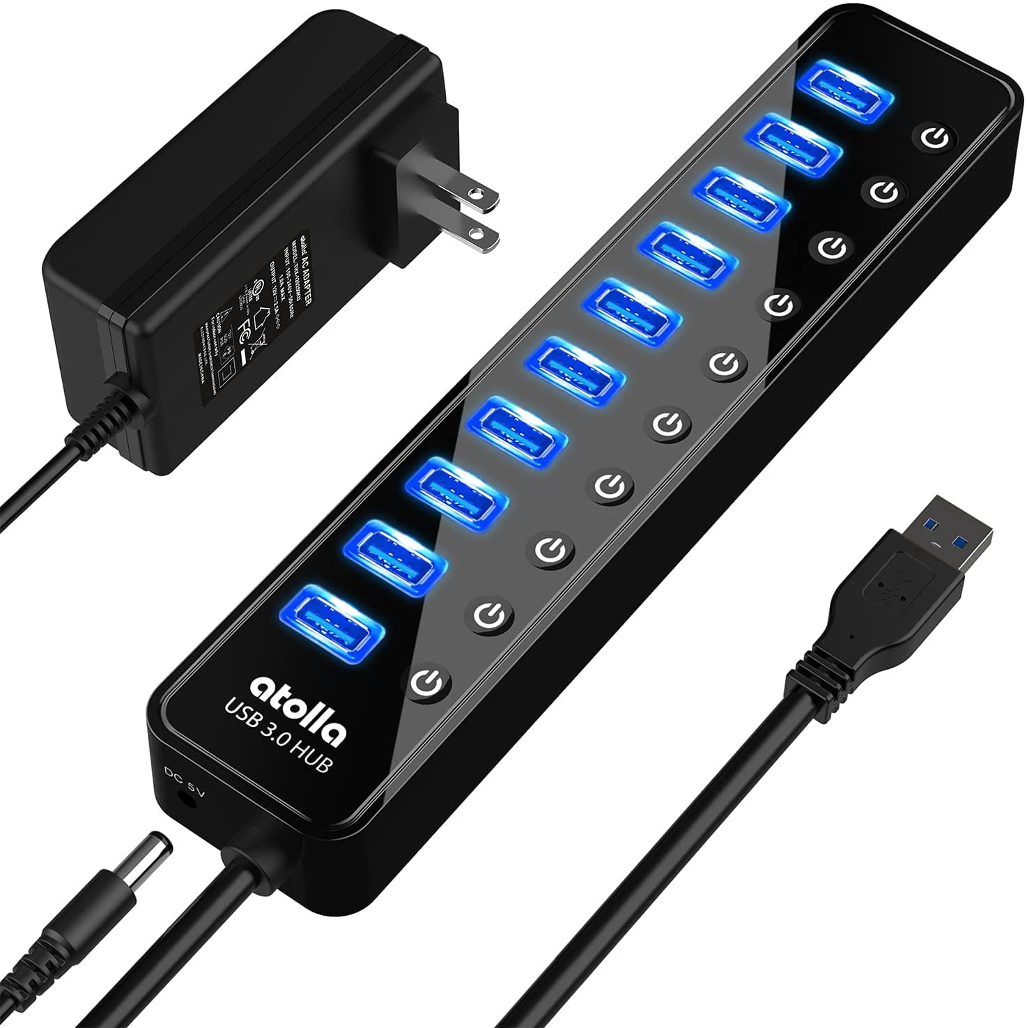 atolla Powered USB Hub 3.0 with 10-Port USB 3.0 Data Port, USB hub with Individual On/Off Switches and 12V /2.5A Power