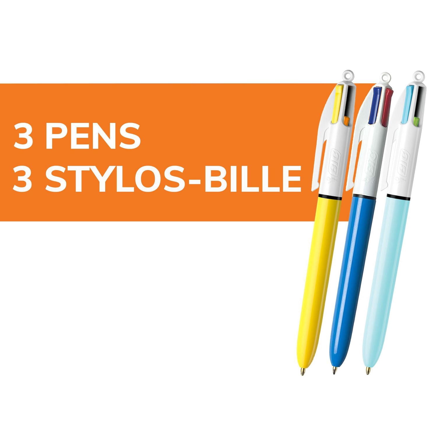 Stylo-bille rétractables BIC 4 couleurs Original et Mode, pointe moyenne (1,0 mm), paquet de 3, stylo-bille rétractable avec encre de couleur durable
