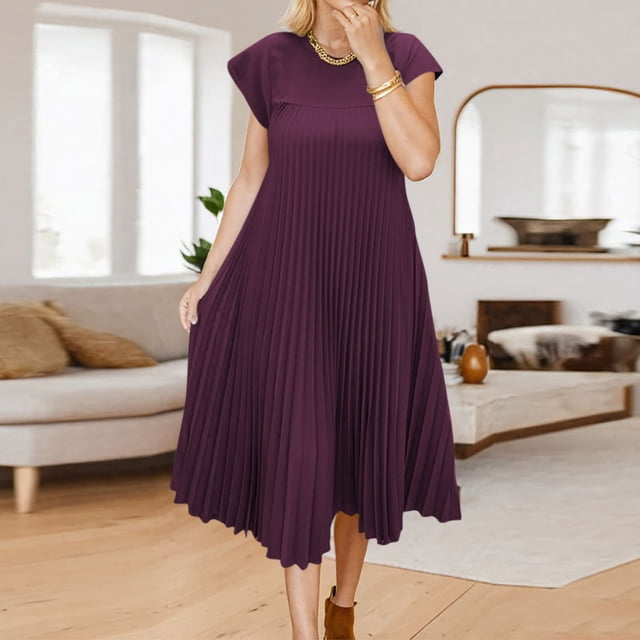 Ovzne Robes pour Femmes 2025 Robe pour Femme Robe Grande Taille Décontractée à Manches Courtes Mi-Longue Plissée Taille Haute Robe de Couleur Unie Robe Grande Taille à Manches Courtes Liquidation