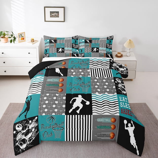 Erosebridal Basketball Player Bedding Sets With Comforter,Game Theme Duvet Insert,Teal Grey Grid Comforter Sets , Breathable Room Decor,2Pcs Reversible