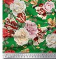 thumbnail image 1 of Soimoi Tissu Popeline de Coton Vert Feuilles & Roses Imprimé Tissu d'Artisanat au Mètre 42 Pouces de Large, 1 of 3