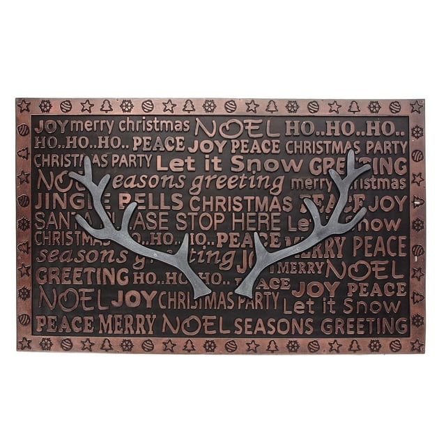 Rubber Mat (Antlers) rectangular Christmas doormat with raised copper-tone holiday phrases including 'Merry Christmas,' 'Noel,' 'Peace,' and 'Let it Snow,' accented by two silver antlers in the center, made of durable rubber for outdoor festive front door use.