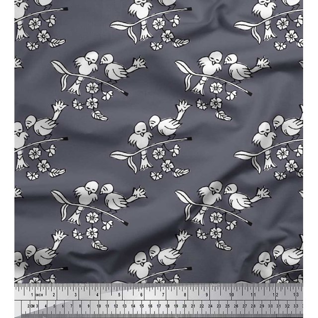 Soimoi Polyester Crepe Fabric Leaves,Bird & Floral Block Printed Craft Fabric by The Yard 42 Inch Wide