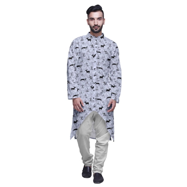 Atasi Button Down Asymmetrical Kurta For Men Printed Mandarin Long Sleeve Shirt