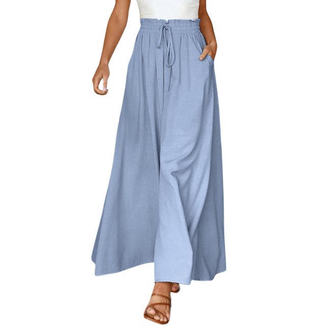 GZWYHT Wide Leg Pants,Palazzo Pants,Women's Wide Leg Pants Flowy Ruffle Solid Color Drawstring Waist Pants,Flowy Pants,High Waisted Pants,Sweatpants Women,Blue,XXL