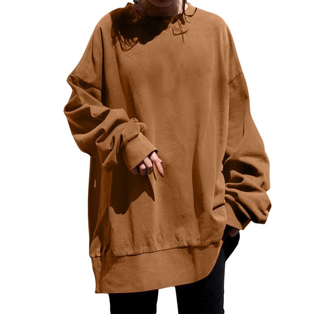 Timegard Sweatshirts for Women Plus Size Crewneck Pullover Drop Shoulder Long Sleeve Oversized Tops in a warm brown color. The sweatshirt features a relaxed fit with drop shoulders, long sleeves, and a slightly curved hemline. Made from soft and breathable fabric, it is suitable for layering and can be paired with jeans, leggings, or slacks for a casual look. Shown in size 5X-Large with a bust measurement of 150cm (59.06 inches) and a length of 92cm (36.22 inches).