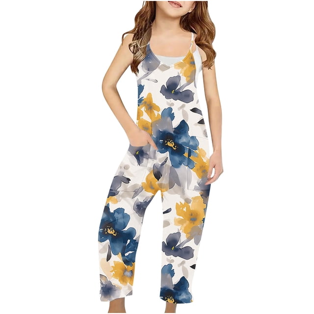 Birdeem Girls Casual Jumpsuits Sleeveless Summer Rompers Long Pants with Pockets for 5-14 Years