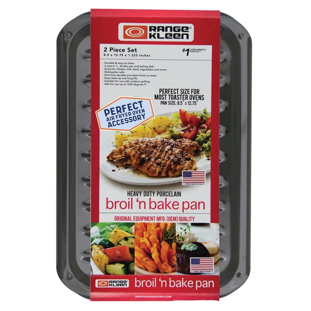 Range Kleen BP106X Ensemble de 2 Pcs pour Frire à l'Air, Cuire et Griller, Taille Junior, Ensemble en Porcelaine Noire avec un Poêle à Griller et Cuire Robuste de 8,5 par 12,75 Pouces, Doté d'Une Finition en Porcelaine Antiadhésive, Va au Lave-Vaisselle, Conçu comme un Accessoire Parfait pour Friteuse à Air Chaud et Four pour Griller et Cuire Poulet, Poisson, Bœuf et Légumes dans les Cuisines Domestiques.