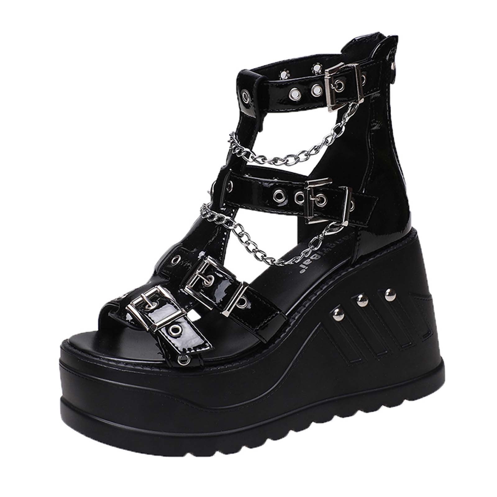 Womens Platform Sandals Wedge Gothic Y2K Back Zipper Adjust 