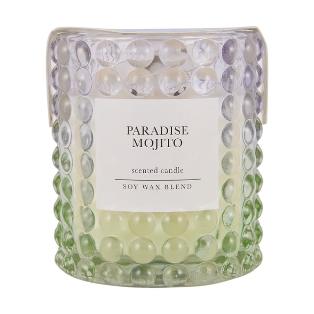 Anko Paradise Mojito Ombre Candle in a bubble-textured glass jar with a green-to-clear ombre effect, labeled soy wax blend scented candle, ideal for home décor and creating a cozy atmosphere.