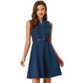 thumbnail image 1 of INSPIRE CHIC Robe-Chemise en Denim Sans Manches à Col en V avec Ceinture, Coupe Évasée, Bleu Foncé, m pour Femme, 1 of 4