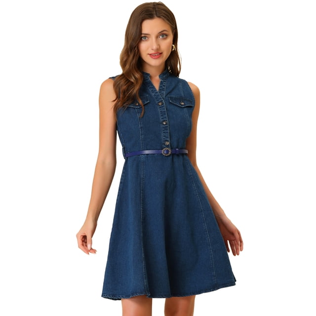 INSPIRE CHIC Robe-Chemise en Denim Sans Manches à Col en V avec Ceinture, Coupe Évasée, Bleu Foncé, Taille M. Cette Robe Décontractée Présente un Col Montant, une Demi-Patte de Boutonnage et une Taille Ceinturée pour une Coupe Flatteuse. Fabriquée en Tissu Denim Lavé, Elle Est Sans Manches et Non Doublée, Idéale pour les Sorties Décontractées, le Travail Ou le Port Quotidien.