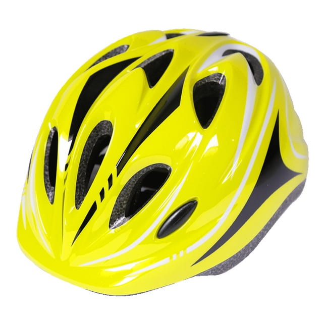 Fortune Kid Bicycle Helmet Breathable Adjustable Head Protector Cycling Helmet in a vibrant yellow color with black and white accents. Made of high-quality PC material with thickened multi-density EPS foam for impact protection. Features multiple ventilation openings for breathability and adjustable side straps to fit head circumferences of 49-59 cm (19.3-23.2 inches). Suitable for children aged 7-12 for activities like cycling, skating, and outdoor sports.