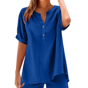Hauts Grande Taille pour Femmes en Liquidation, Blouses à Manches Courtes d'Été pour Femmes, Hauts Décontractés Amples en Coton et Lin de Couleur Unie + Ensemble de Shorts