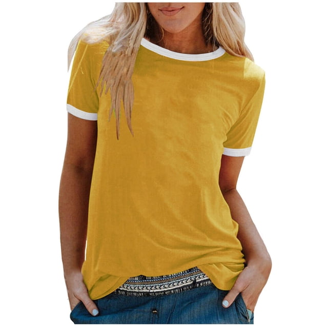 Pompotops T-shirt Uni pour Femme, Manches Courtes, Blouse à Col Rond, Hauts Décontractés, Liquidation