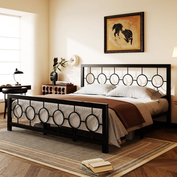 Amolife Black King Size Metal Platform Bed Frame with Circular Vintage Headboard & Footboard
