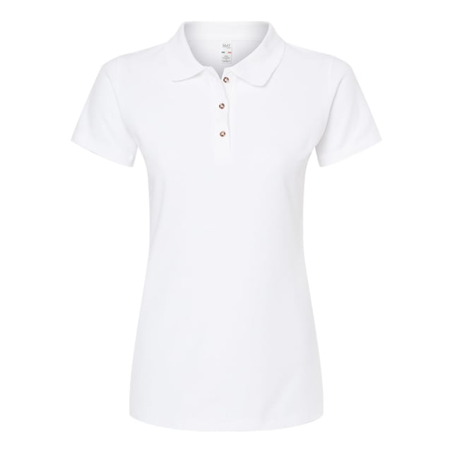 M&O 7600 Women's Ringspun Polo shirt in white, designed with a contoured fit, welt collar, and short sleeves. Crafted from 11.3 oz., 100% preshrunk ring-spun cotton with double-needle topstitched collar, cuffs, and hem. Features taped shoulder-to-shoulder seams and side seams. NAFTA compliant.
