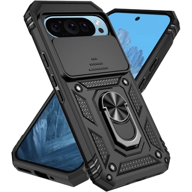 KOMI Designed for Google Pixel 9 Pro, Military-Grade Drop-Proof Case with Sliding Camera Cover and Ring Kickstand, Heavy Duty Shockproof Full Body Protective Phone Case, Black