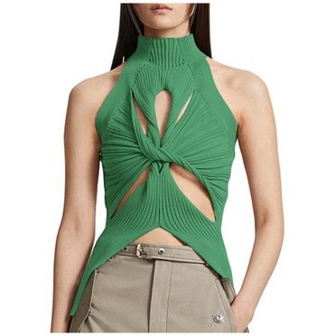 HNMKIU Débardeur pour Femmes Mode Chandail Sans Manches Détail Noué Creux Col Semi-Haut Couleur Unie Aguichant Crop Top pour Tenue Décontractée