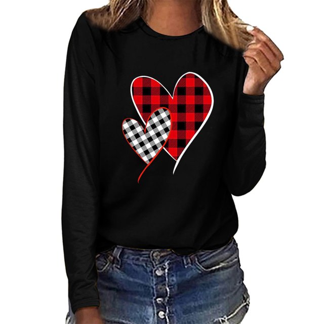 Qertyioot T-Shirt Graphique pour Femmes de la Saint-Valentin à Manches Longues, Chandail Imprimé, Blouse