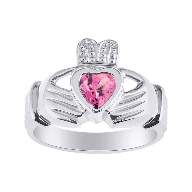 RYLOS Rings Sterling Silver Claddah Love, Loyalty & Friendship Heart 6MM Gem Irish Wedding Band Claddagh Rings October Pink Ice Jewelry Size 9