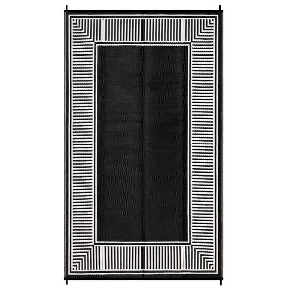 Waterproof Reversible Outdoor Rug, Modern Striped Plastic Straw Mat, Lightweight Collapsible Carpet, Easy Clean, 8x10ft Black and White for Patio, Deck, Backyard, Porch, Camping, RV, Beach, Garden